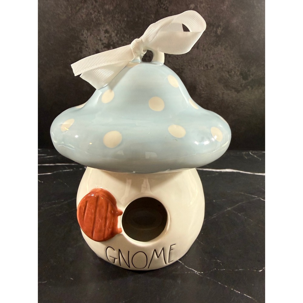 Rae Dunn Light Blue Polka Dot Mushroom Shaped Ceramic Gnome House 8in Tall